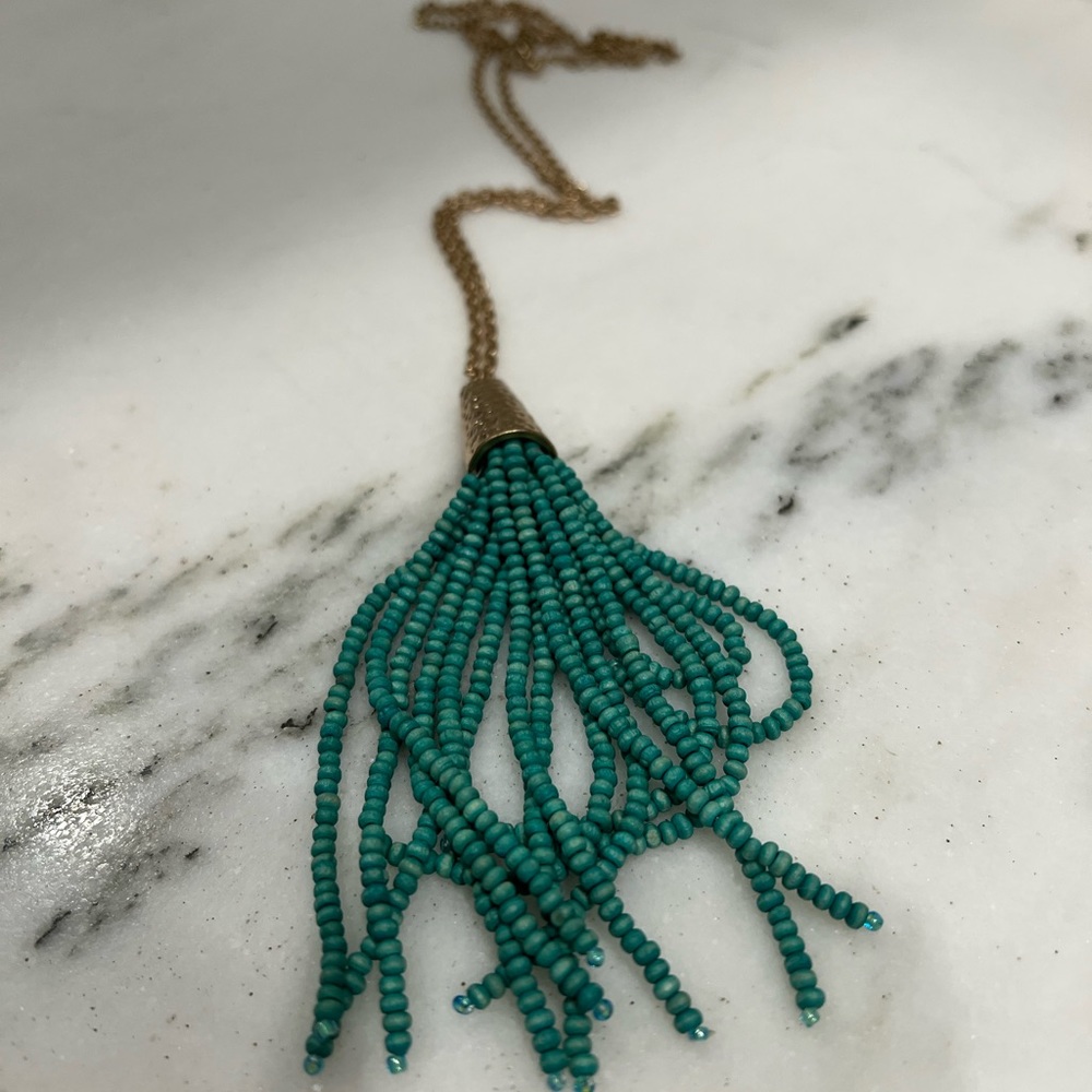 Long Tassel Necklace. Turquoise green wooden beads. Like new!